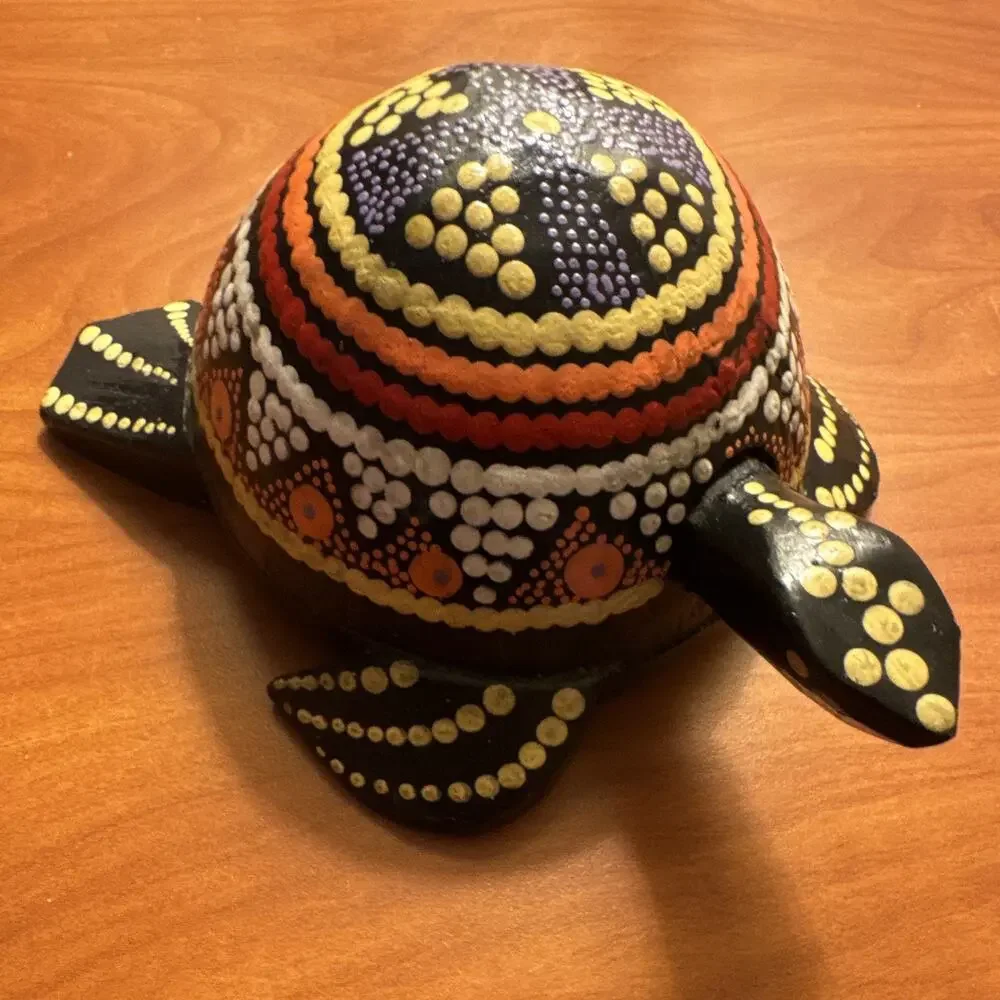Handmade Hand-Painted Wooden Turtle Figurine Bali Dot Pattern Art -bobble head